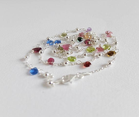 AAA++ Rare Quality Tourmaline dainty necklace,multi color 925 Silver Platedchain,brioletteTourmaline dainty gem necklace Silver PlatedMixed Tourmaline,watermelon tourmalin 5-6 mm Code- TJH192