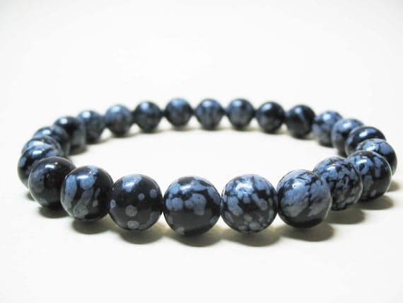 top quality 8mm Stretchable black Snowflake Obsidiane Bracelet Round, Smooth 7" for mens, womens, GF, BF, Adults.