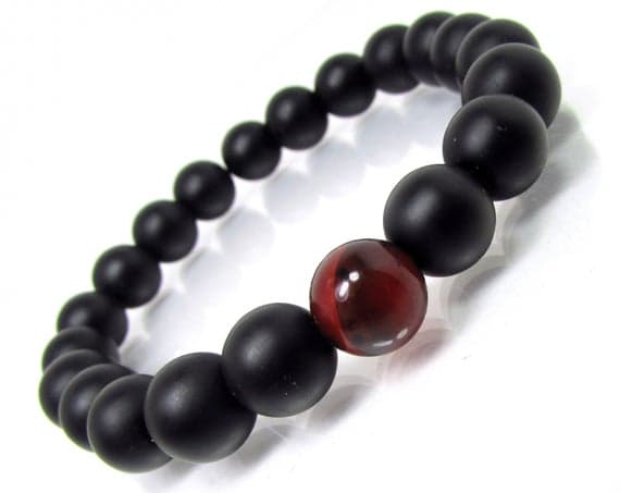 good luck gift 10mm Stretchable Black & Red Black Onyx and Agate Bracelet Round, Smooth 7.5" for mens, womens.