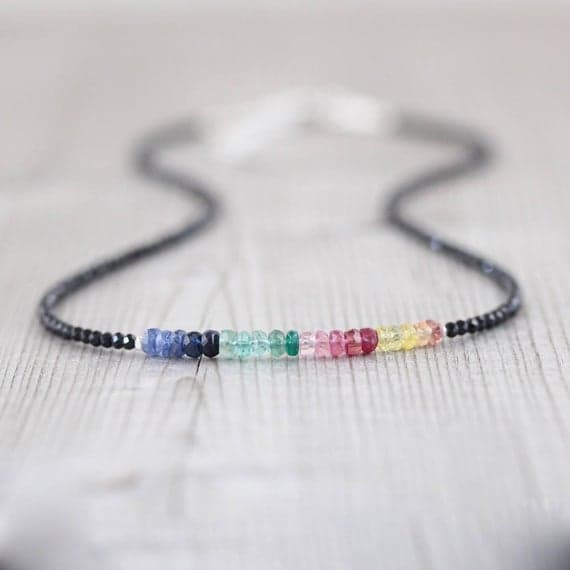925 sterling Silver Dainty Slave Loose Silver Helling 3.5mm stacking Multi Sapphire, Ruby, Emerald & Black Spinel  Necklace Round & Rondelle, Faceted 16" for mens, womens, gf, bf & Adult.