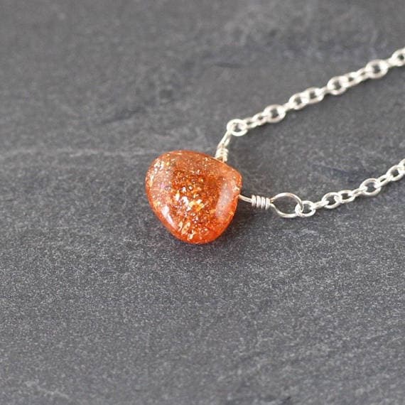 925 sterling Silver Unique Wedding Gift 9-10mm stacking Orange Sunstone Necklace Heart, Smooth 16" for mens, womens, gf, bf & Adult.