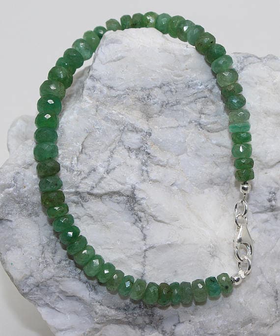 925 steling silver Galaxy Jewelry 5-6.5 mm Stracking green Zambian Emerald Bracelet Rondelle, Faceted 7" for mens, womens, GF, BF, Adults.