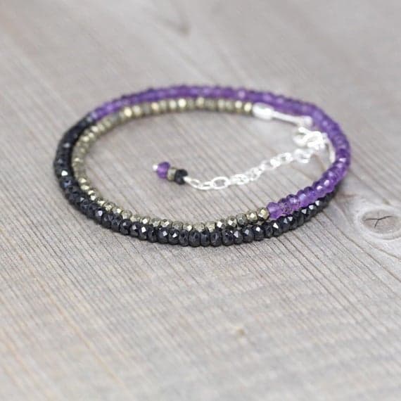 925 sterling Silver Artisan Loose 3-3.5mm stacking Multi Amethyst, Black Spinel & Pyrite  Necklace Rondelle, Faceted 16" for mens, womens, gf, bf & Adult.