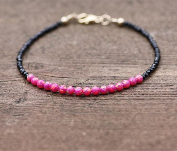 925 sterling Silver Blush Jewelry 2-3mm stacking Black & Pink Natural Black Spinel Pink Opal Bracelet Round & Rondelle, Faceted & Smooth 7" for mens, womens, gf, bf & Adult.