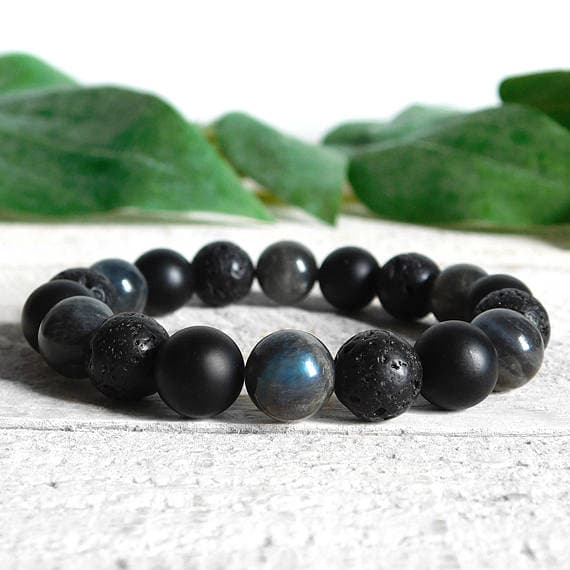 memorial gift 10mm Stretchable Black & Gray Labradorite, Onyx, and Lava Rock Bracelet Round, Smooth 7.5" for mens, womens, gf, bf & Adult.
