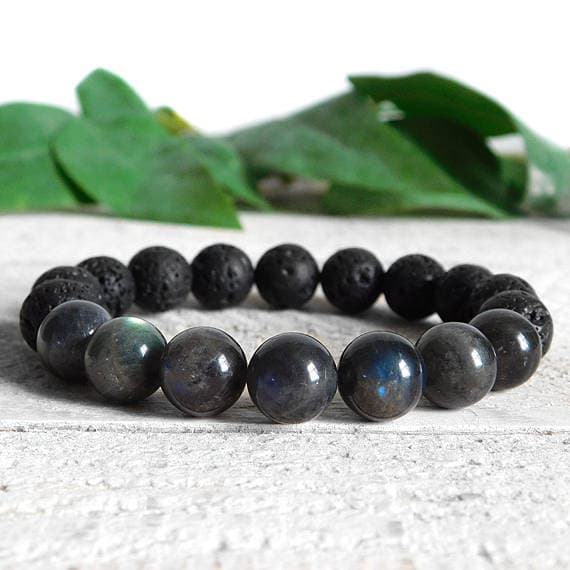 good luck gift 10mm Stretchable Black & Gray Labradorite and Lava Rock Bracelet Round, Smooth 7.5" for mens, womens, gf, bf & Adult.