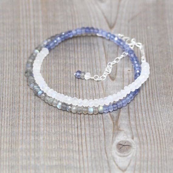 925 sterling Silver top quality 3.5mm stacking Multi Iolite, Rainbow Moonstone & Labradorite Necklace Rondelle, Faceted 16" for mens, womens, gf, bf & Adult.