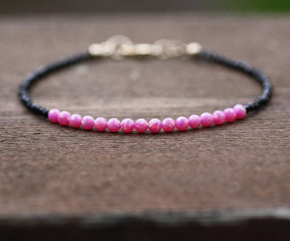 925 sterling Silver Anxiety Gemstone 2-3mm stacking Black & Pink Natural Black Spinel and Pink Opal Bracelet Round & Rondelle, Faceted & Smooth 7" for mens, womens, gf, bf & Adult.