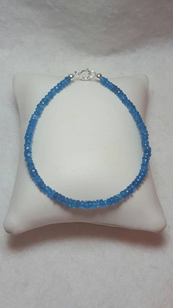 925 sterling Silver Grounding 4-5mm stacking Blue  Neon Apatite  Bracelet Rondelle, Faceted 7" for mens, womens, gf, bf & Adult.