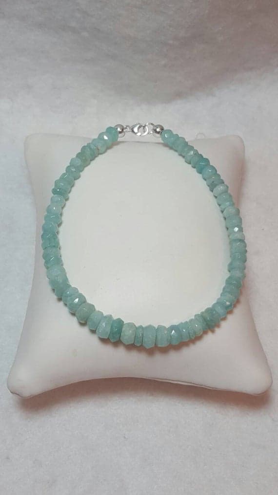 925 sterling Silver Empath Protection 4-5mm stacking Green Amazonite Bracelet Rondelle, Faceted 7" for mens, womens, gf, bf & Adult.