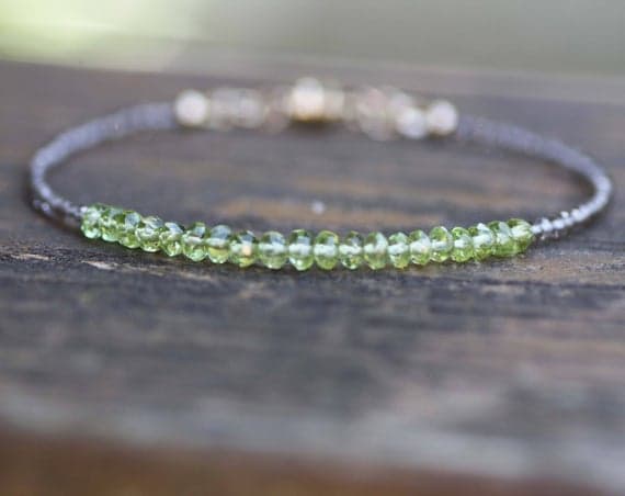 925 sterling Silver Handmade Beaded 2-3.5mm stacking Green & Brown Green Peridot and Smokey Quartz Bracelet Rondelle, Faceted 7" for mens, womens, gf, bf & Adult.