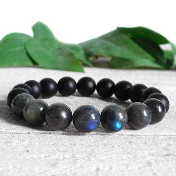 chakras simple 10mm Stretchable Black & Gray Labradorite and Matte Onyx Bracelet Round, Smooth 7.5" for mens, womens, gf, bf & Adult.