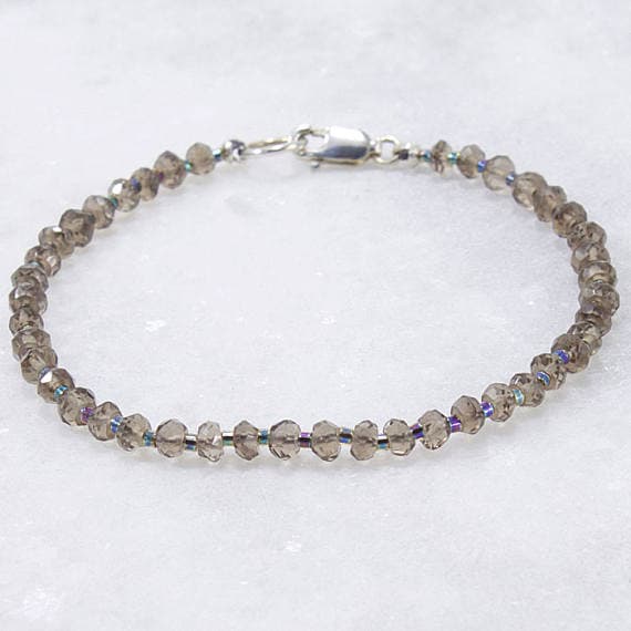 Smoky Quartz Bracelet, Stacking Bracelet, Beaded Bracelet, Brown Gemstone, Sterling Silver, Quartz Jewelry 3mm  Code- WAR6540