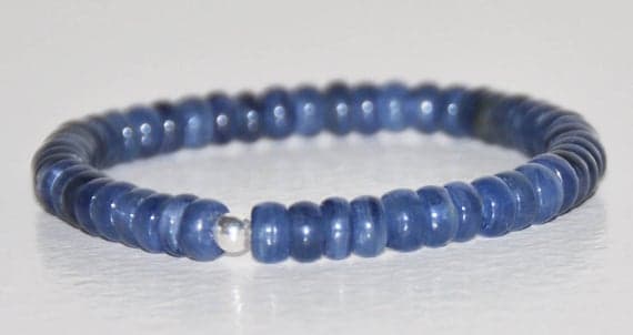 925 sterling silver memorial gift 6mm Blue Blue Kyanite Stretchable Bracelet Rondelle, Smooth 18cm for mens, womens, gf, bf and adults.