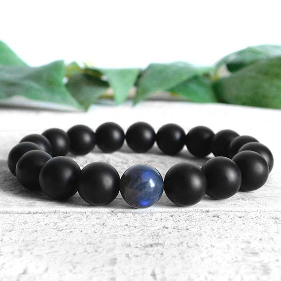 love beach youth 10mm Stretchable Black & Gray Labradorite and Matte Onyx Bracelet Round, Smooth 7.5" for mens, womens, gf, bf & Adult.