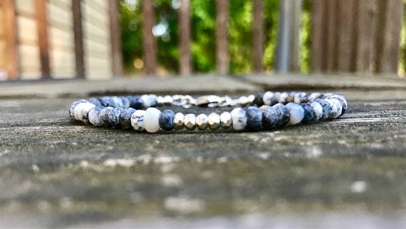 925 sterling Silver Handmade Beaded Silver Helling 5x3mm stacking Black & White Opal Bracelet Rondelle, Faceted 7" for mens, womens, gf, bf & Adult.