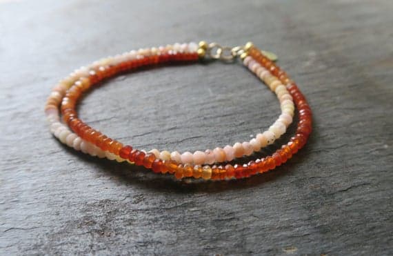 24k gold Plated top quality 3mm stacking Pink & Orange Carnelian and Opal Bracelet Rondelle, Faceted 7" for mens, womens.