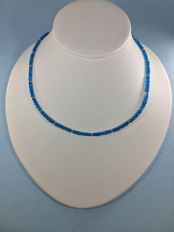 24k gold Plated love beach youth Gold Helling 3-4mm stacking Blue Apatite Necklace Rondelle, Faceted 16" for mens, womens, gf, bf & Adult.