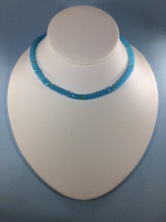 925 sterling Silver Bridesmaid Jewelry Gold Helling 3-4mm stacking Blue Chalcedony Necklace Rondelle, Faceted 16" for mens, womens, gf, bf & Adult.