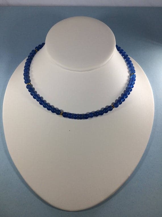 24k gold Plated Super sale Gold Helling 4-5mm stacking Blue Agate Necklace Round, Smooth 16" for mens, womens, gf, bf & Adult.