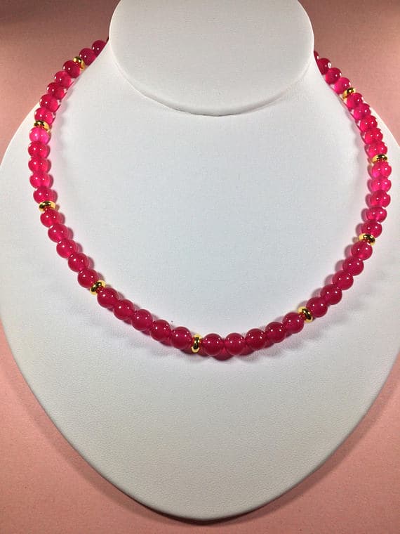 24k gold Plated Anniversary Gift Gold Helling 6mm stacking Pink Pink Ruby  Necklace Round, Smooth 16" for mens, womens, gf, bf & Adult.