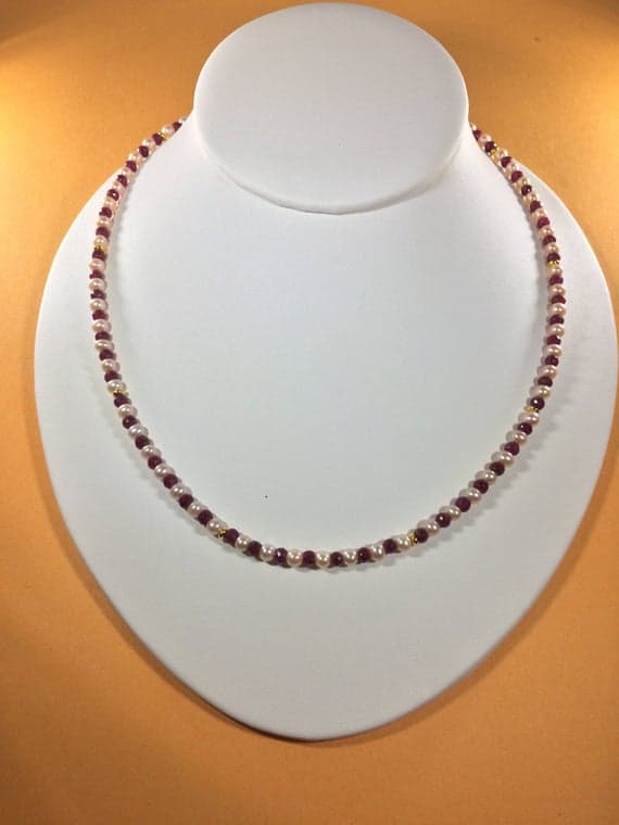 24k gold Plated Anxiety Gemstone 4-5mm stacking Red & Pink Ruby and Pearls Necklace Round & Rondelle, Faceted & Smooth 16" for mens, womens, gf, bf & Adult.
