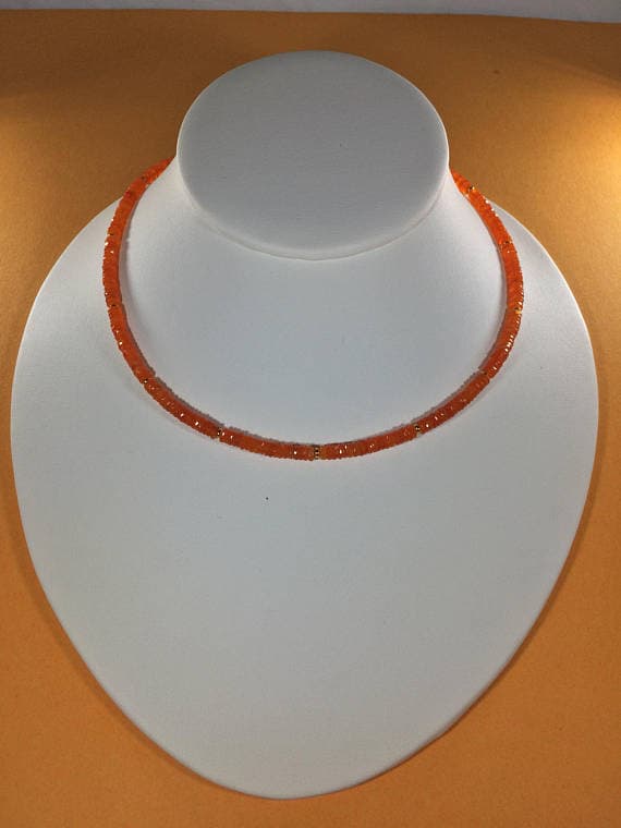 925 sterling Silver Natural Silver Helling 3-4mm stacking Orange Carnelian Necklace Rondelle, Faceted 16" for mens, womens, gf, bf & Adult.