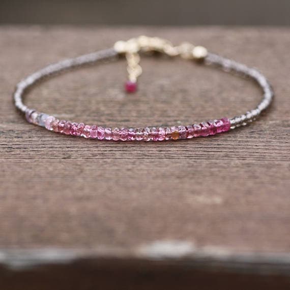 24k gold Plated love beach youth 2-4mm stacking Pink Natural Pink Tourmaline and Smokey Quartz Bracelet Rondelle, Faceted 7" for mens, womens, gf, bf & Adult.