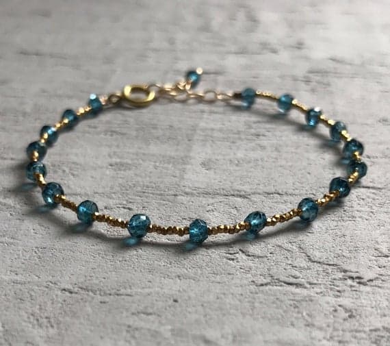 24k gold Plated good luck gift Gold Helling 3-4mm stacking Blue london blue topaz Bracelet Rondelle, Faceted 7" for mens, womens, gf, bf & Adult.