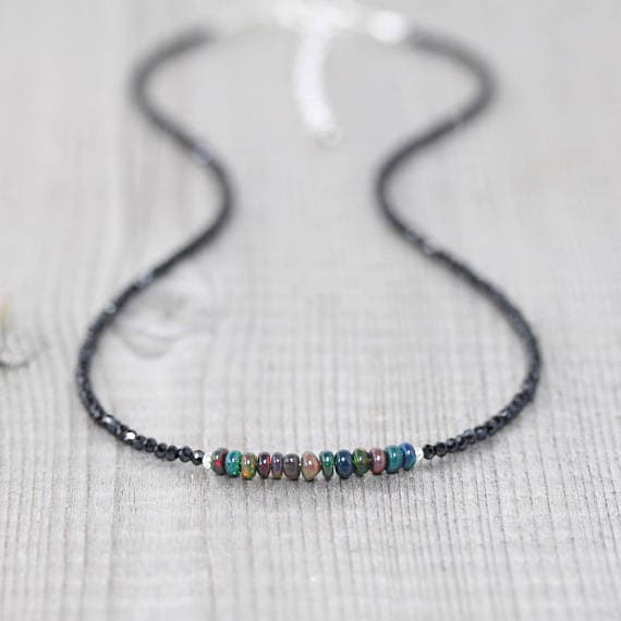 925 sterling Silver Bridesmaid Jewelry Silver Helling 3mm stacking Multi Ethiopian Welo Opal & Black Spinel  Necklace Round & Rondelle, Faceted & Smooth 16" for mens, womens, gf, bf & Adult.