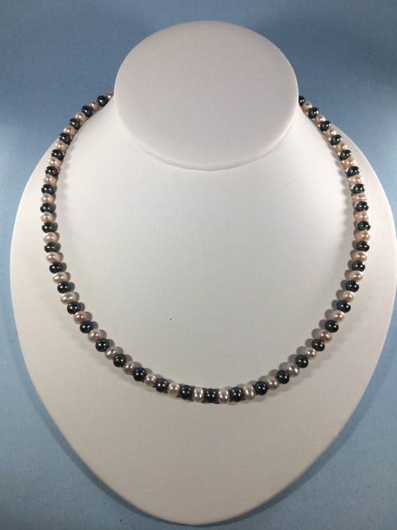 925 sterling Silver Rock Gift 4-5mm stacking Black & White Black & White Pearl  Necklace Round, Smooth 16" for mens, womens, gf, bf & Adult.