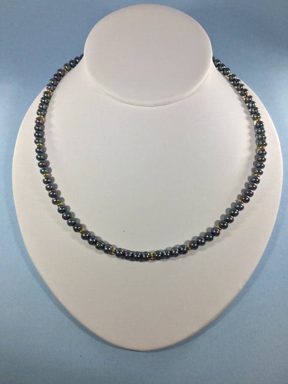 24k gold Plated Anxiety Relief Calming Gold Helling 4-5mm stacking Black Black Pearl Necklace Round, Smooth 16" for mens, womens, gf, bf & Adult.