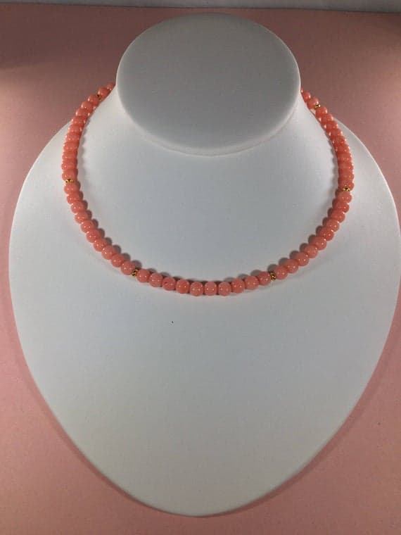 24k gold Plated Anxiety Relief Calming Gold Helling 4-5mm stacking Pink Coral Necklace Round, Smooth 16" for mens, womens, gf, bf & Adult.