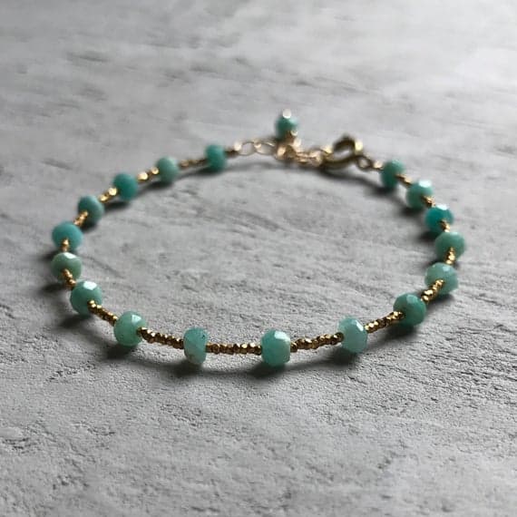 24k gold Plated Handmade Beaded Gold Helling 3-4mm stacking Blue amazonite Bracelet Rondelle, Faceted 7" for mens, womens, gf, bf & Adult.