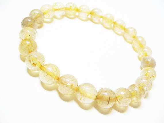 Anxiety Gemstone 8mm Stretchable gold Rutilated Quartz Bracelet Round, Smooth 7" for mens, womens, GF, BF, Adults.