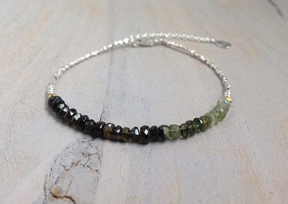 Beaded Bracelet, Kaki Green Tourmaline, Delicate Gemstone Womens Teen Bracelet, Hill Tribe Silver, Solid Silver, Boho 3.3-3.5 mm Code- WAR6363