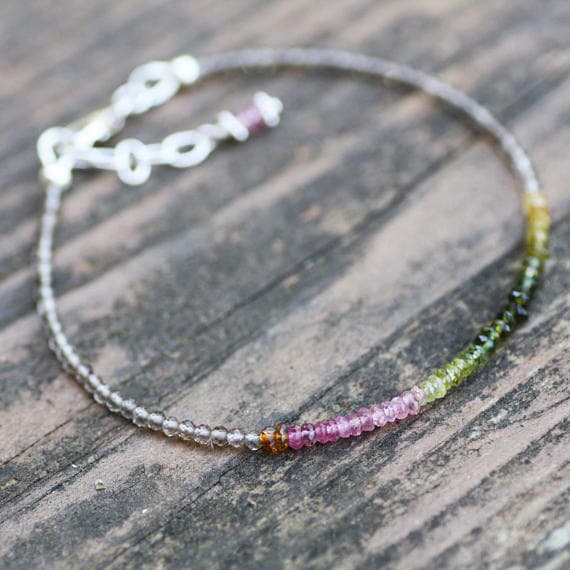 925 sterling Silver Positive Energy 2-2.5mm stacking Multi Natural Smokey Quartz and Rainbow Tourmaline Bracelet Round & Rondelle, Faceted 7" for mens, womens, gf, bf & Adult.