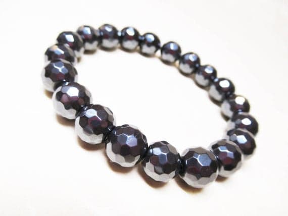 Jewelry Energy 10mm Stretchable grey Hematite Bracelet Round, Faceted 7" for mens, womens, GF, BF, Adults.