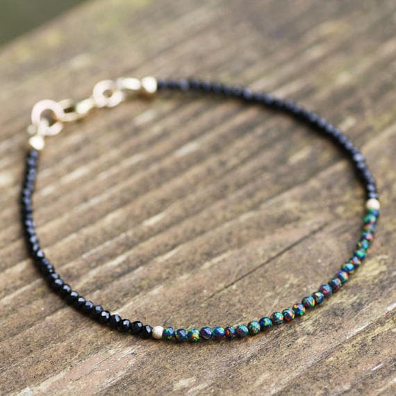 24k gold Plated Dainty Slave Loose Gold Helling  2mm stacking Multi Natural Black Spinel an Black Opal  Bracelet Round, Smooth 7" for mens, womens, gf, bf & Adult.