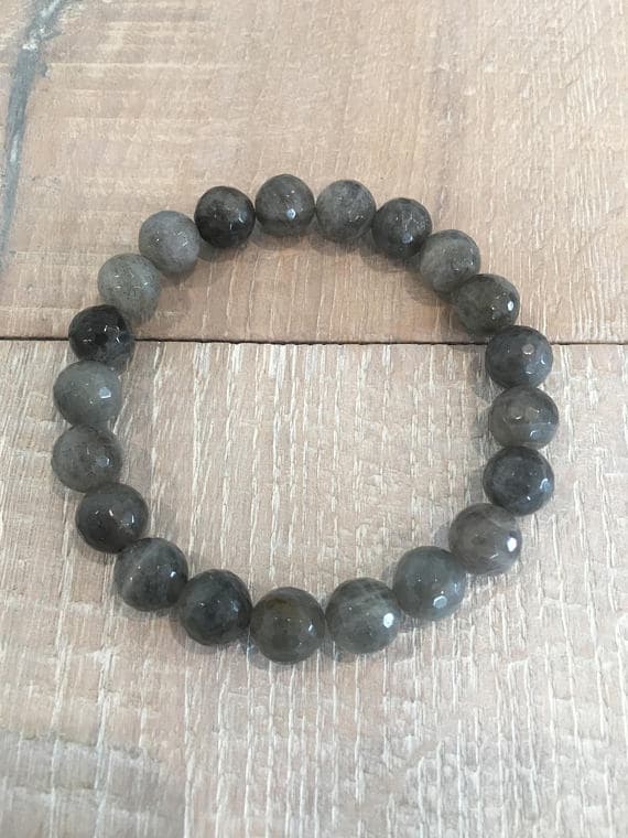 Anxiety Relief Calming 10mm Stretchable Gray Labradorite Bracelet Round, Faceted 7.5" for mens, womens, gf, bf & Adult.