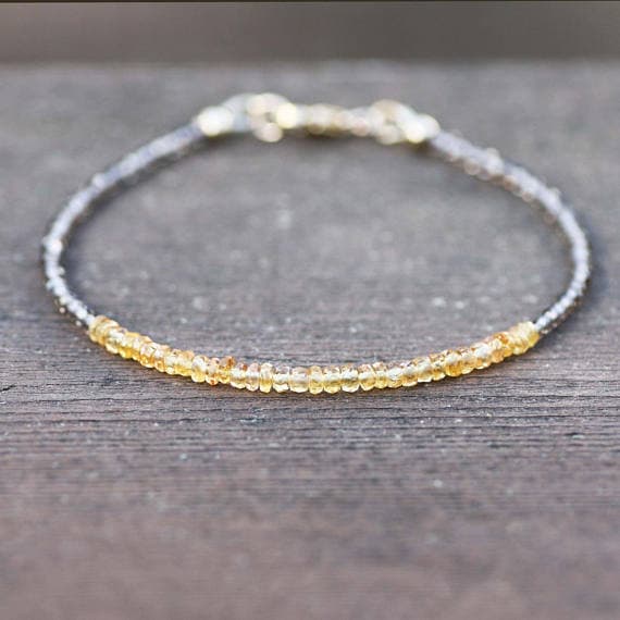 24k gold Plated chakras simple 2.5mm stacking Multi Natural Padparadscha Orange Sapphire and Smokey Quartz Bracelet Rondelle, Faceted 7" for mens, womens, gf, bf & Adult.