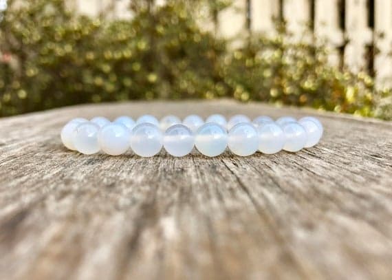 Jewelry Energy 8mm Stretchable White Chalcedony Agate Bracelet Round, Smooth 7" for mens, womens, gf, bf & Adult.