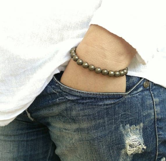 Handmade Beaded 8mm Gray Pirite Stretchable Bracelet Round, Smooth 18cm for mens, womens, gf, bf and adults.