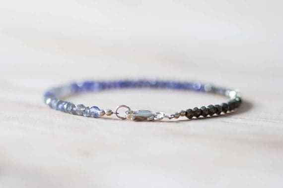 925 sterling silver Rock Gift 3.5-4mm Multi Colour Labradorite, Pyrite & Iolite  stacking Bracelet Round, Faceted 18cm for mens, womens, gf, bf and adults.
