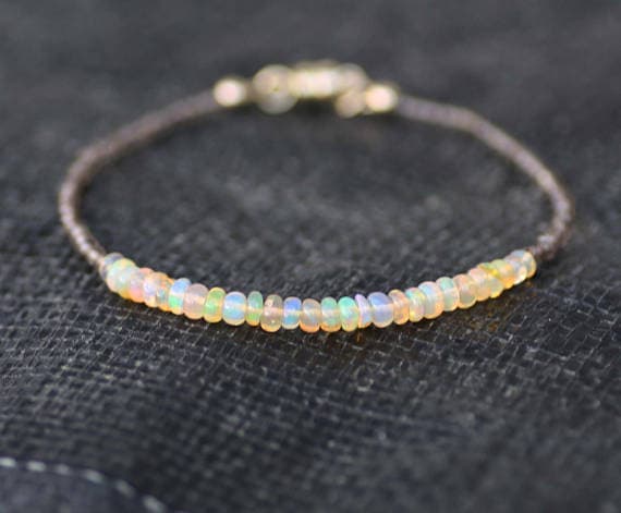 24k gold Plated Personalized Gift 3-3.5mm stacking Multi Natural Welo Opal and Smokey Quartz Bracelet Rondelle, Faceted & Smooth 7" for mens, womens, gf, bf & Adult.
