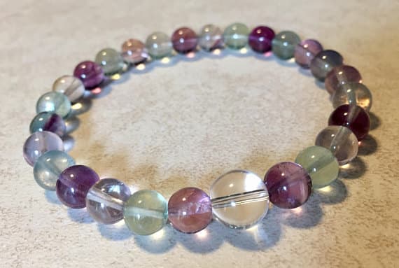 Dainty Slave Loose 8mm Stretchable Multi Rainbow Fluorite with Clear Quartz Bracelet Round, Smooth 7" for mens, womens.