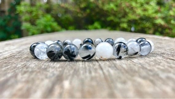 love beach youth 8.5" Stretchable Black & White Black and White Rutile Quartz Bracelet Round, Smooth 7" for mens, womens, gf, bf & Adult.