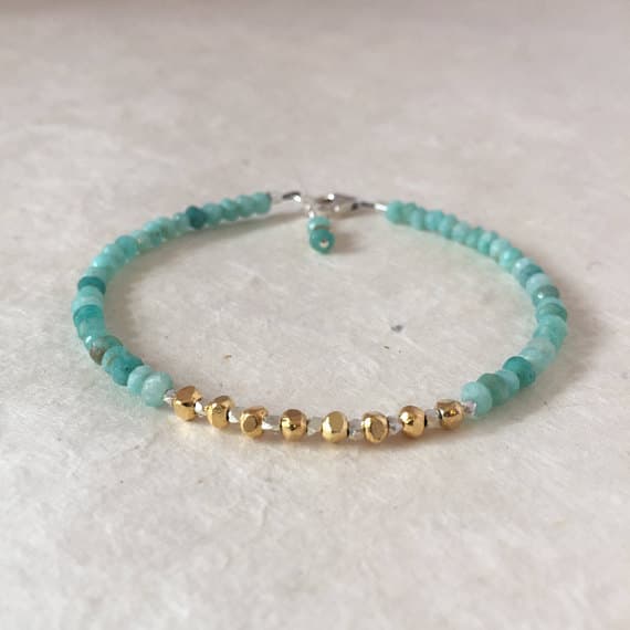 Amazonite Karen Hill Tribe Thai Silver and Gold Vermeil Beaded Bracelet, Sundance Style, Boho Bracelet, Layering Bracelet, Stacking Bracelet 3-5mm Code- WAR6445
