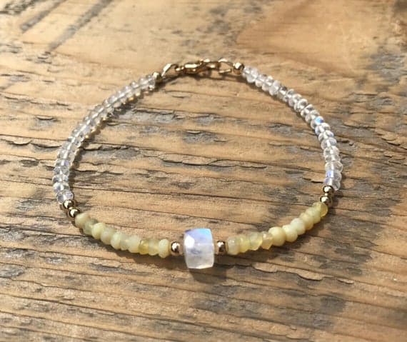 Moonstone and Yellow Opal Bracelet- Gold Filled- Energy Healing Jewelry- June Birthstone- October Birthstone -Boho- Stacking 3.5 - 4.5 mm Code- WAR6786