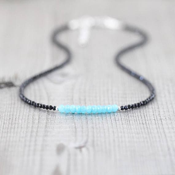 925 sterling Silver Handmade Beaded Silver Helling 3mm stacking Black & Blue Amazonite, Black Spinel  Necklace Round & Rondelle, Faceted 16" for mens, womens, gf, bf & Adult.